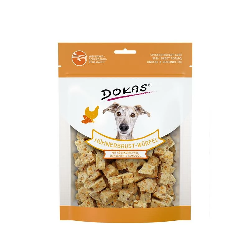 Dokas Hühnerbrust-Würfel,Süsskart.,Leinsamen | 8x 150g Hundesnack 3 Dokas Hühnerbrust-Würfel,Süsskart.,Leinsamen | 8x 150g Hundesnack
